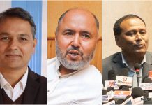 मन्त्रीपरिषद् विस्तारका लागि तीन मन्त्रीको नाम सिफारिस बायाँबाट क्रमशः ओमप्रकाश अर्याल, रामेश्वर खनाल र कुलमान घिसिङ।